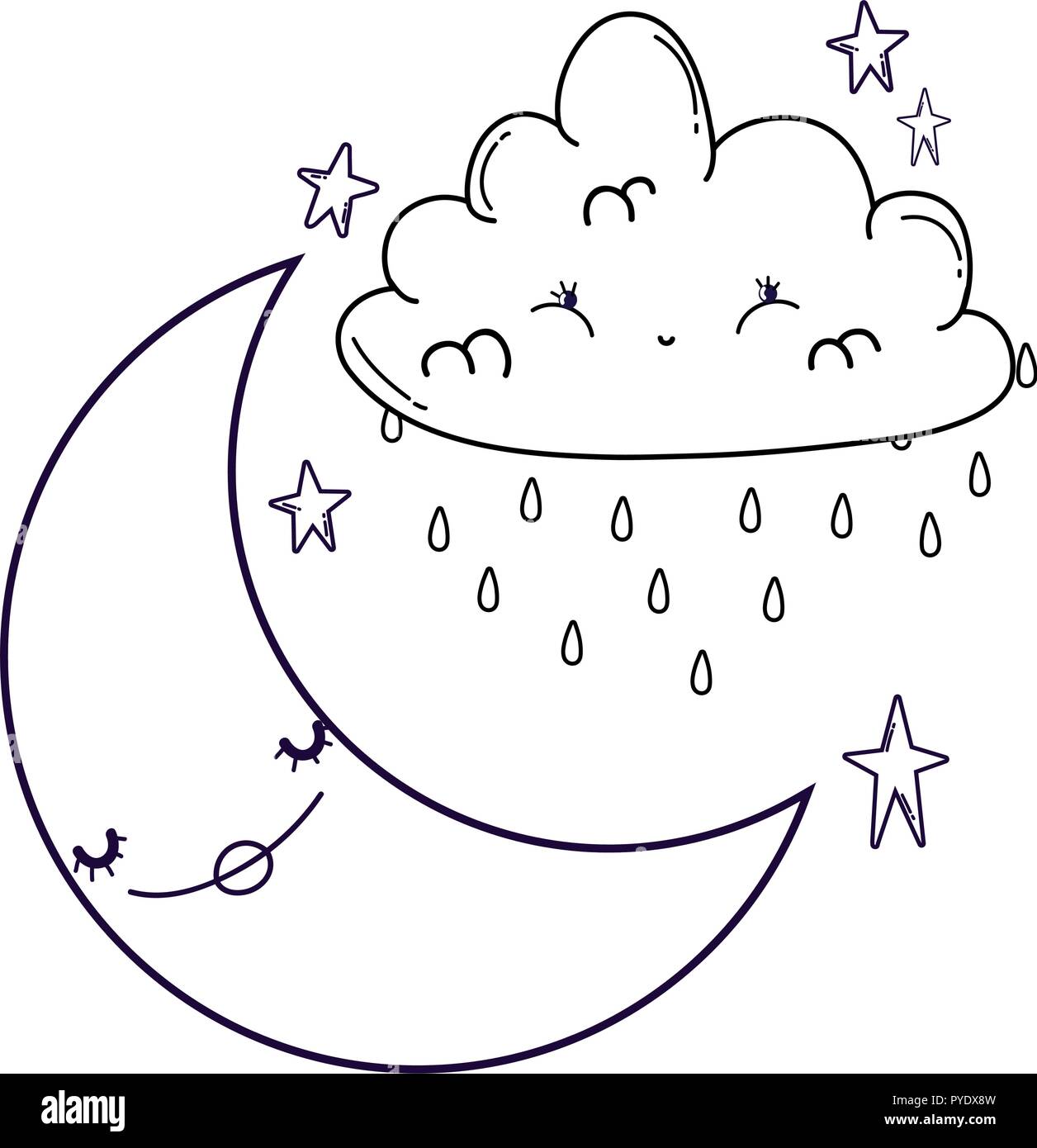 Clouds and moon cute cartoons in black and white Stock Vector Image ...