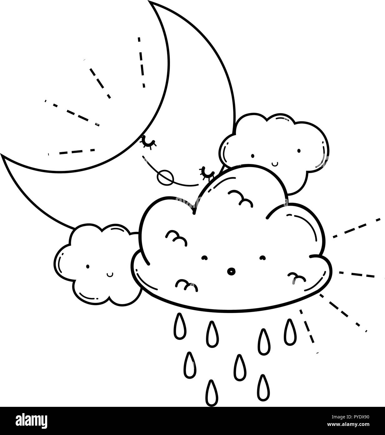 Clouds and moon cute cartoons in black and white Stock Vector Image ...