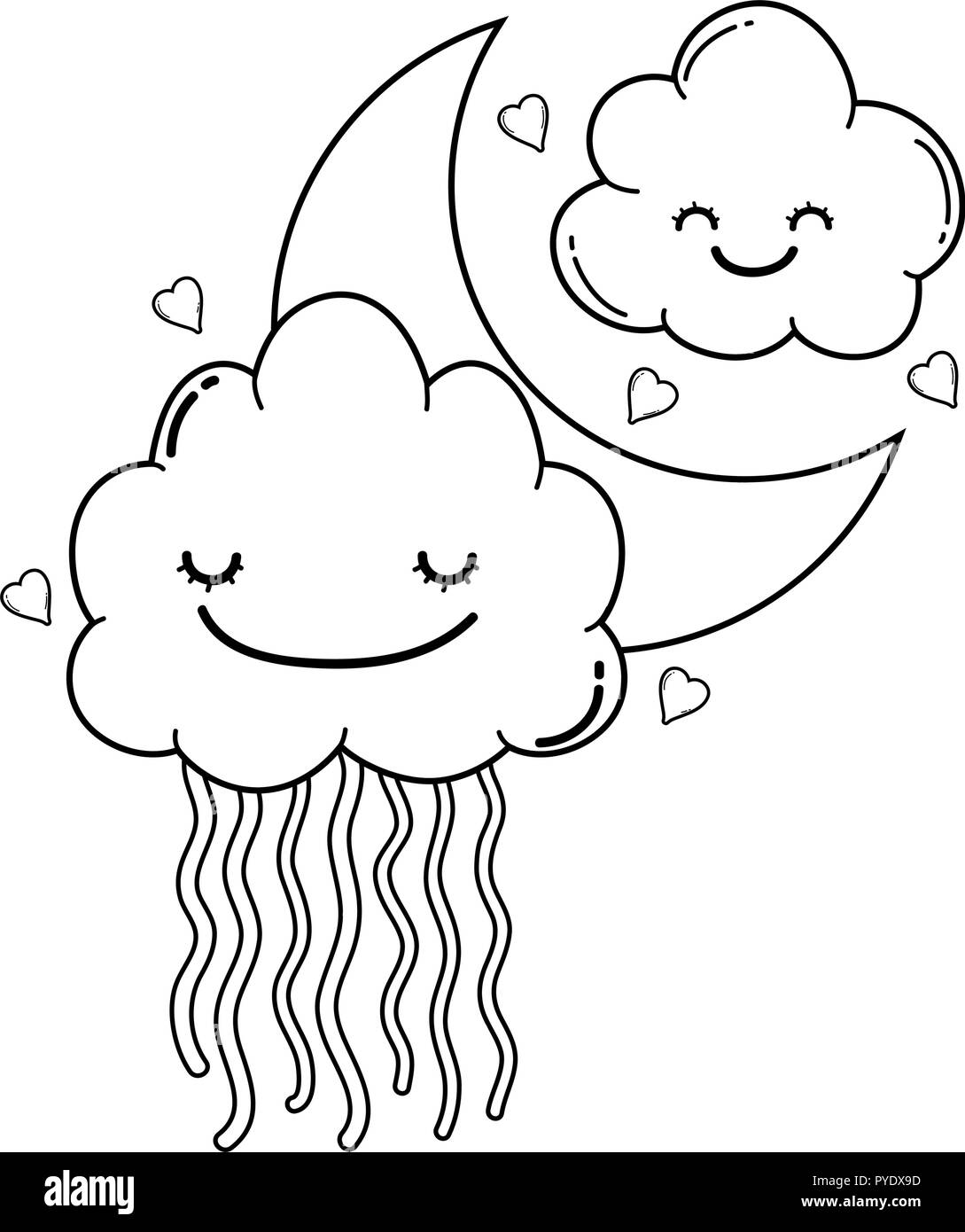Clouds and moon cute cartoons in black and white Stock Vector Image ...