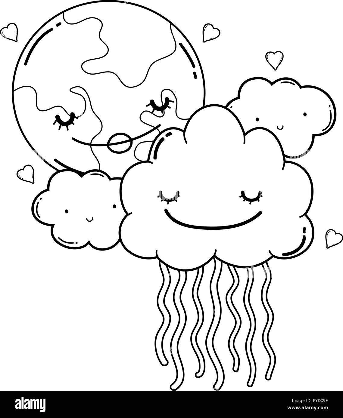 Clouds and moon cute cartoons in black and white Stock Vector Image ...
