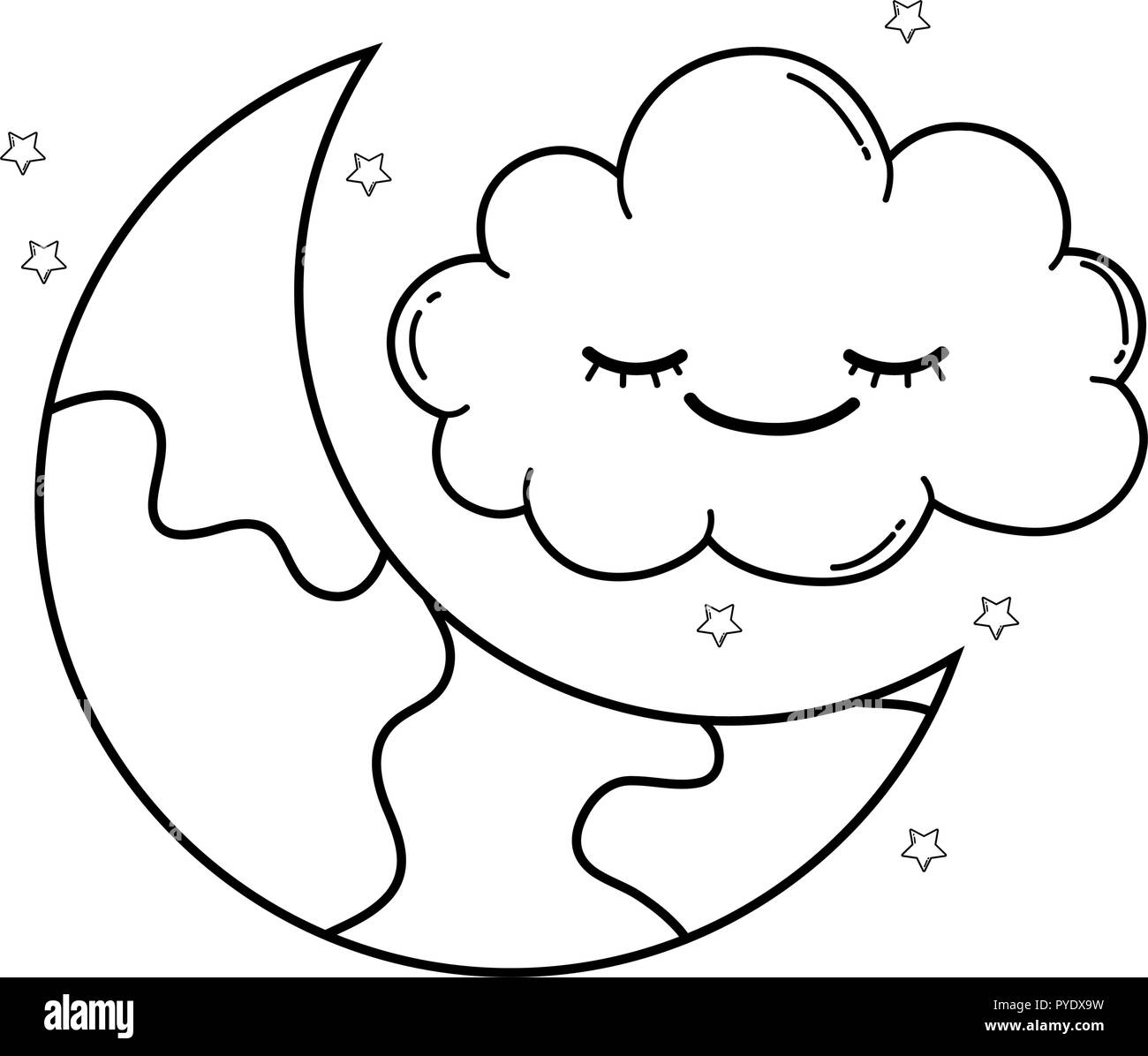 Clouds and moon cute cartoons in black and white Stock Vector Image ...