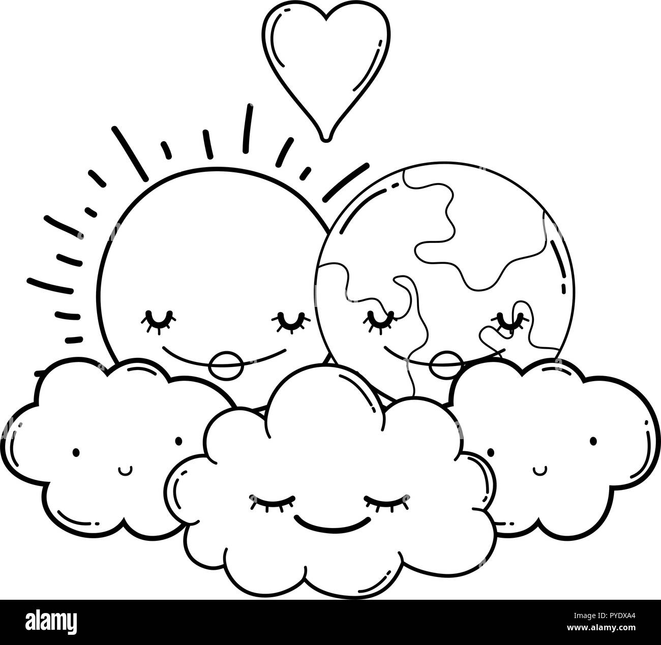 Moon and sun cartoons in black and white Stock Vector
