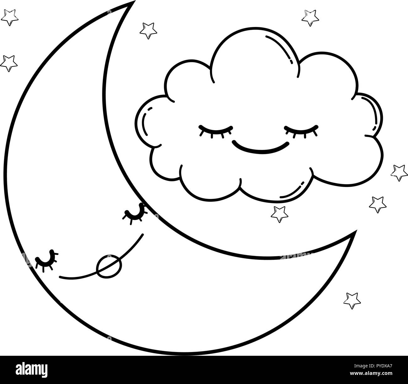 Clouds And Moon Cute Cartoons In Black And White Stock Vector