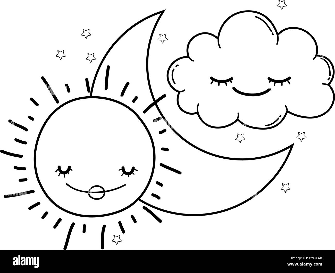 Clouds and moon cute cartoons in black and white Stock Vector Image ...