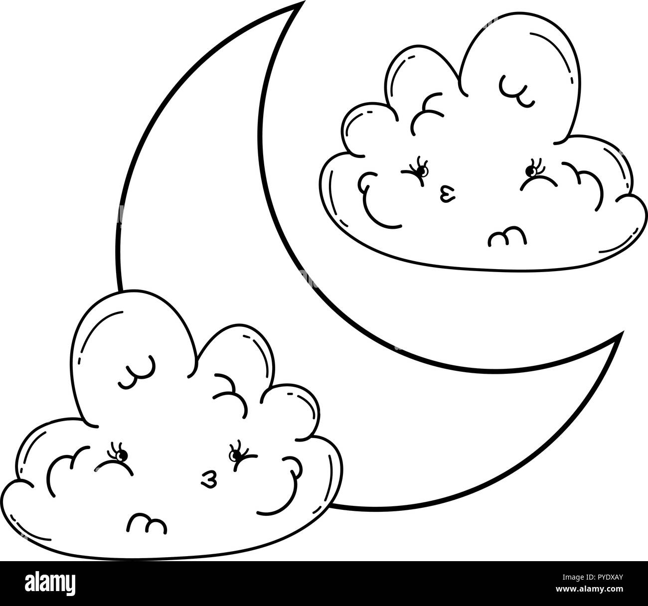 Clouds and moon cute cartoons in black and white Stock Vector Image ...