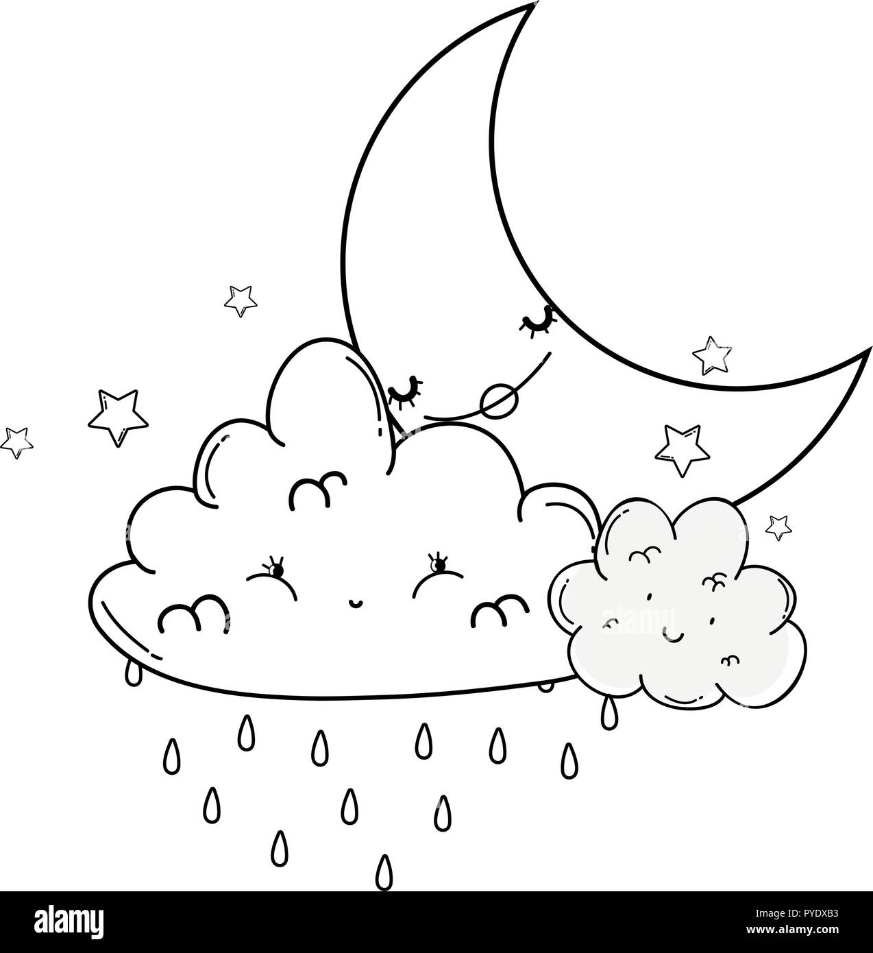 Clouds and moon cute cartoons in black and white Stock Vector Image ...