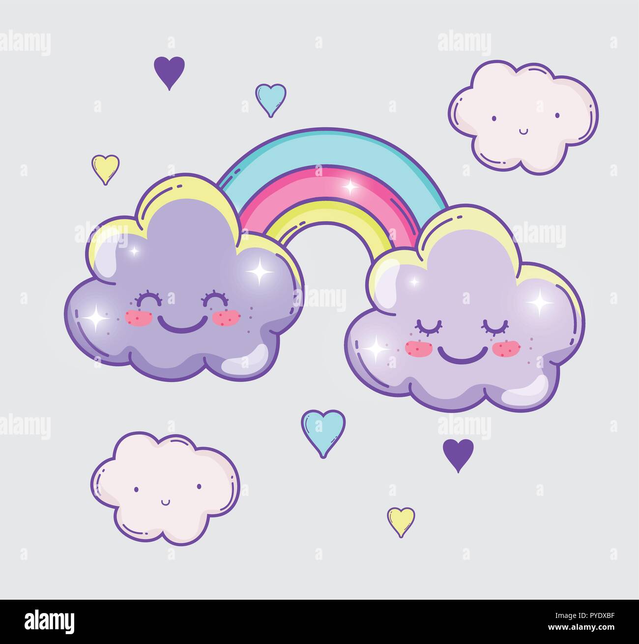 kawaii fluffy clouds with rainbow and hearts Stock Vector Image & Art ...