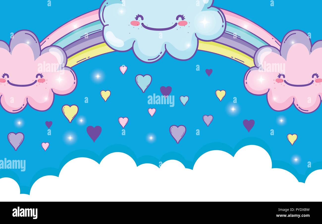 rainbow with happy fluffy clouds and hearts Stock Vector Image & Art ...