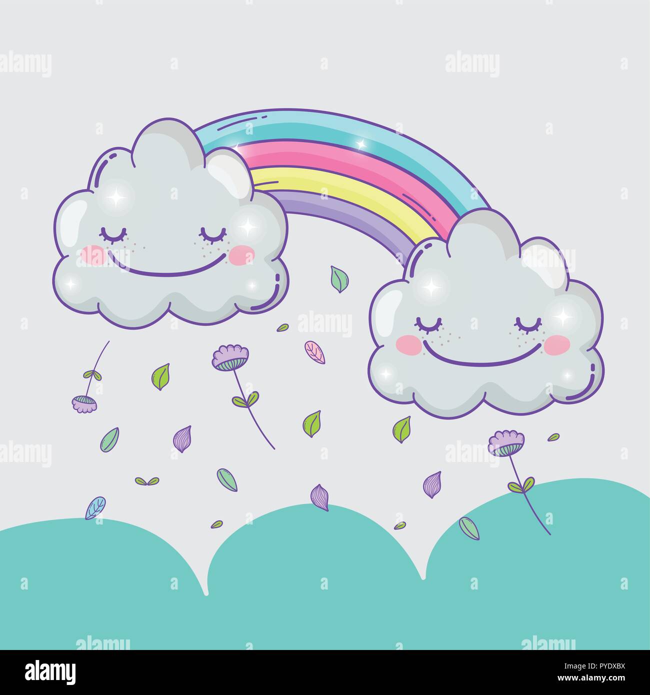 rainbow with happy clouds and flowers leaves Stock Vector Image & Art ...