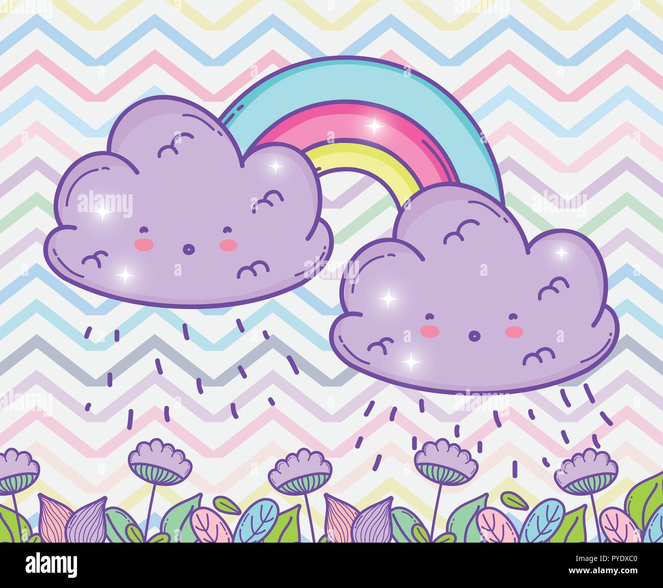 rainbow with fluffy clouds and flowers leaves Stock Vector Image & Art ...