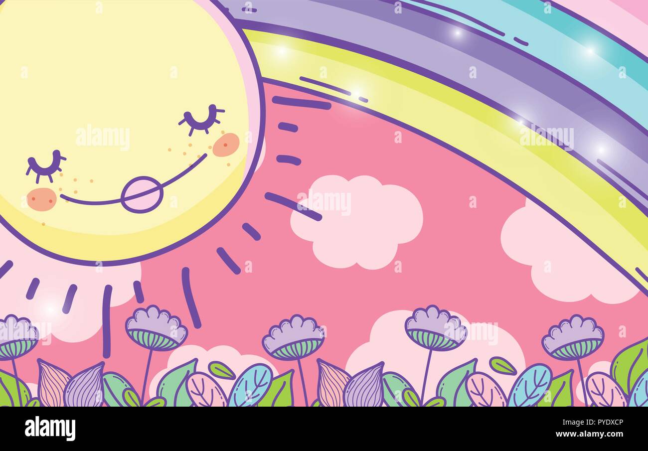 cute sun with rainbow and flowers leaves Stock Vector Image & Art - Alamy