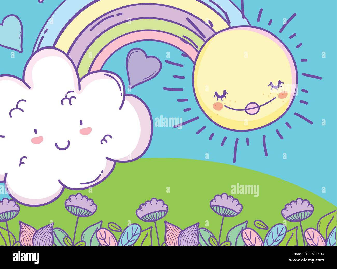 rainbow with kawaii cloud and happy sun Stock Vector Image & Art - Alamy