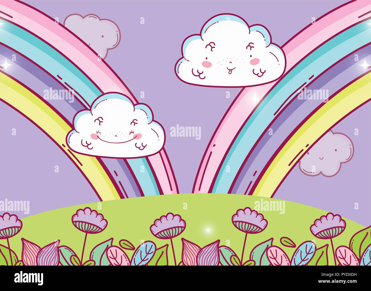 rainbow with happy fluffy clouds and flowers Stock Vector Image & Art ...