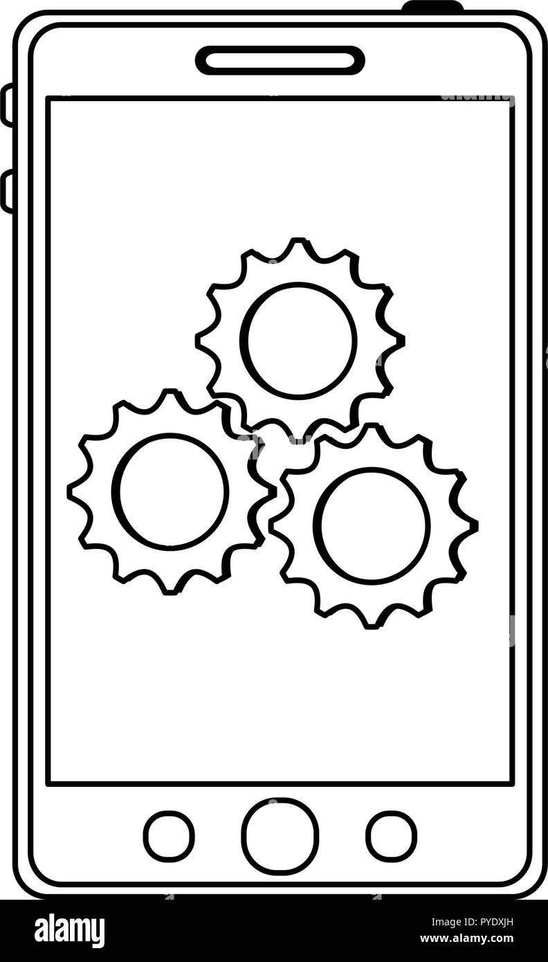 Smartphone with gears on screen in black and white Stock Vector Image