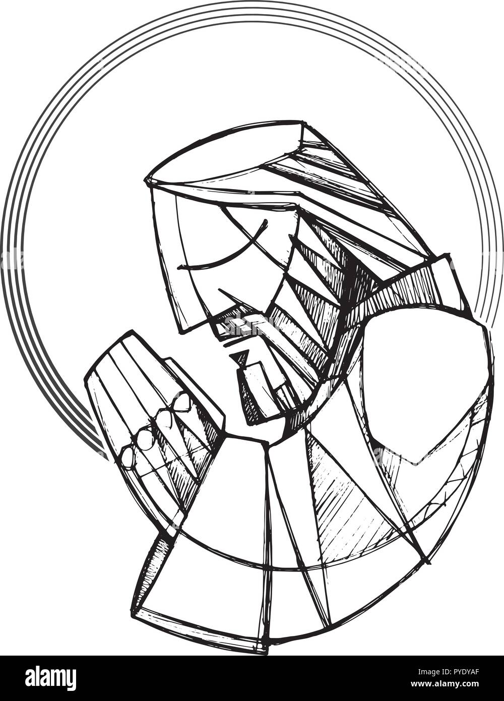 Hand drawn vector ink illustration or drawing of Jesus Christ praying ...