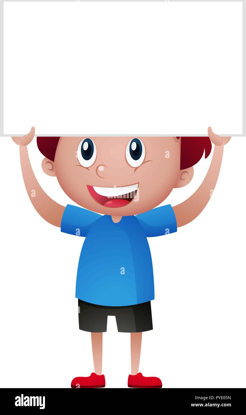 Boy in blue shirt holding white sign illustration Stock Vector Image ...