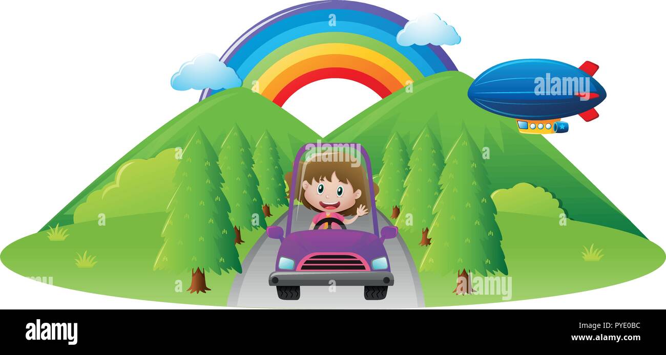 Girl driving purple car on the road illustration Stock Vector