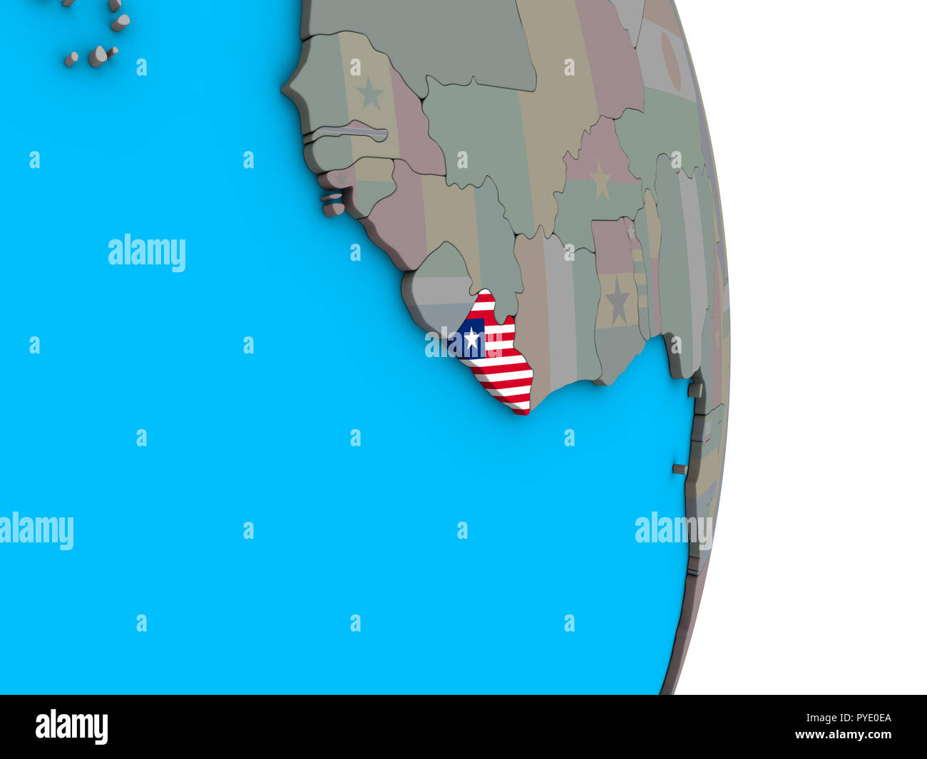 Liberia with embedded national flag on simple political 3D globe. 3D ...