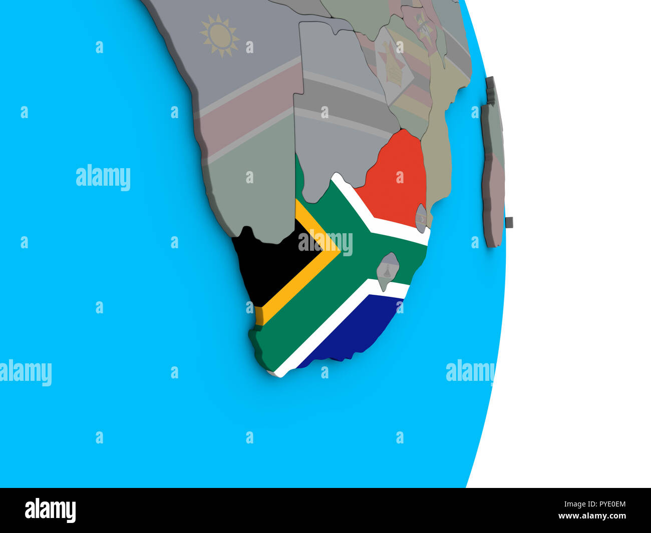 South Africa with embedded national flag on simple political 3D globe ...