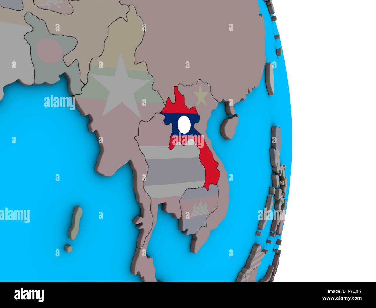 Laos with embedded national flag on simple political 3D globe. 3D ...