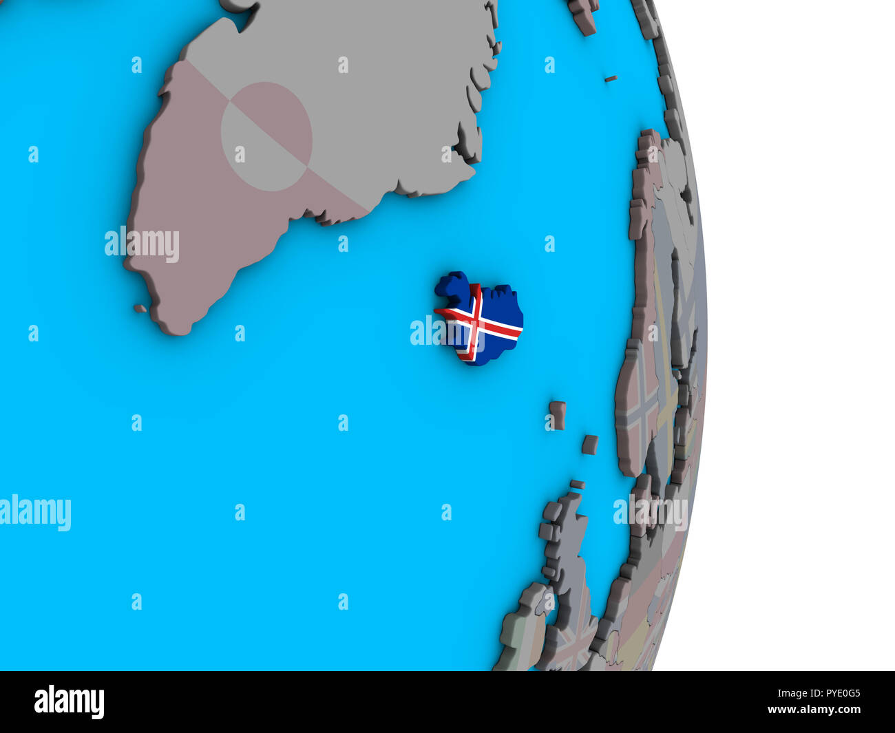 Iceland with embedded national flag on simple political 3D globe. 3D ...