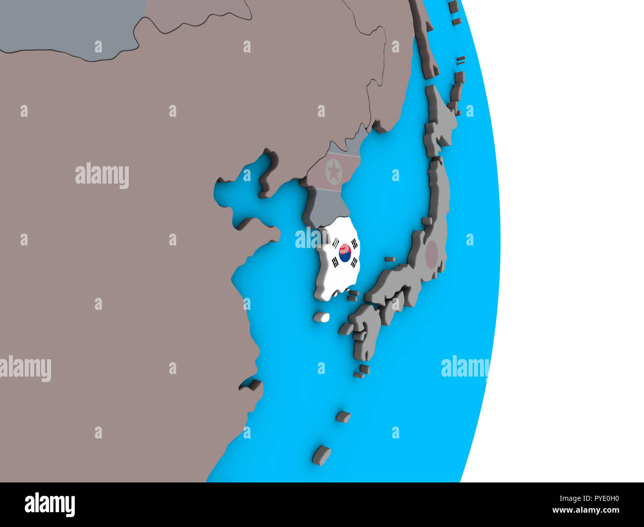 South Korea with embedded national flag on simple political 3D globe ...