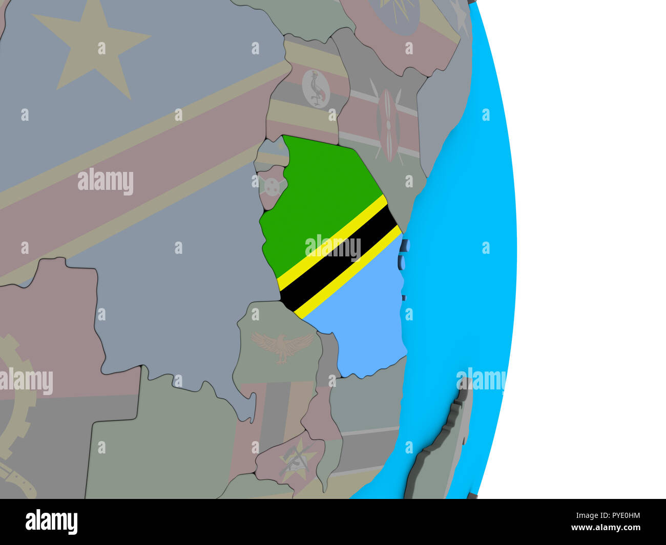 Tanzania with embedded national flag on simple political 3D globe. 3D ...