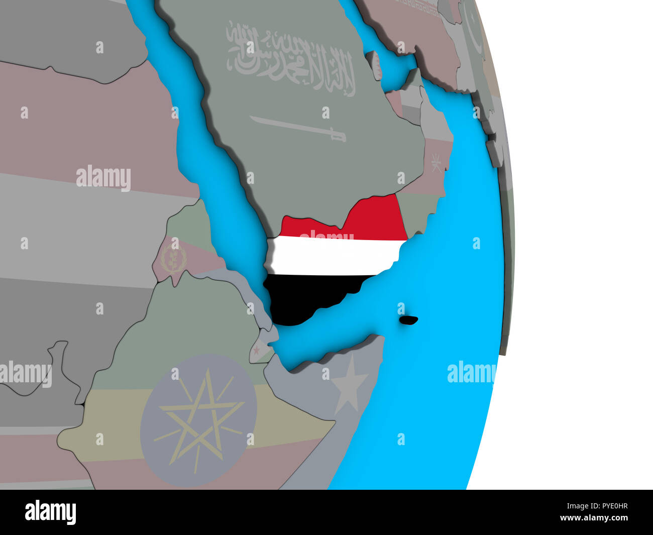 Yemen with embedded national flag on simple political 3D globe. 3D ...