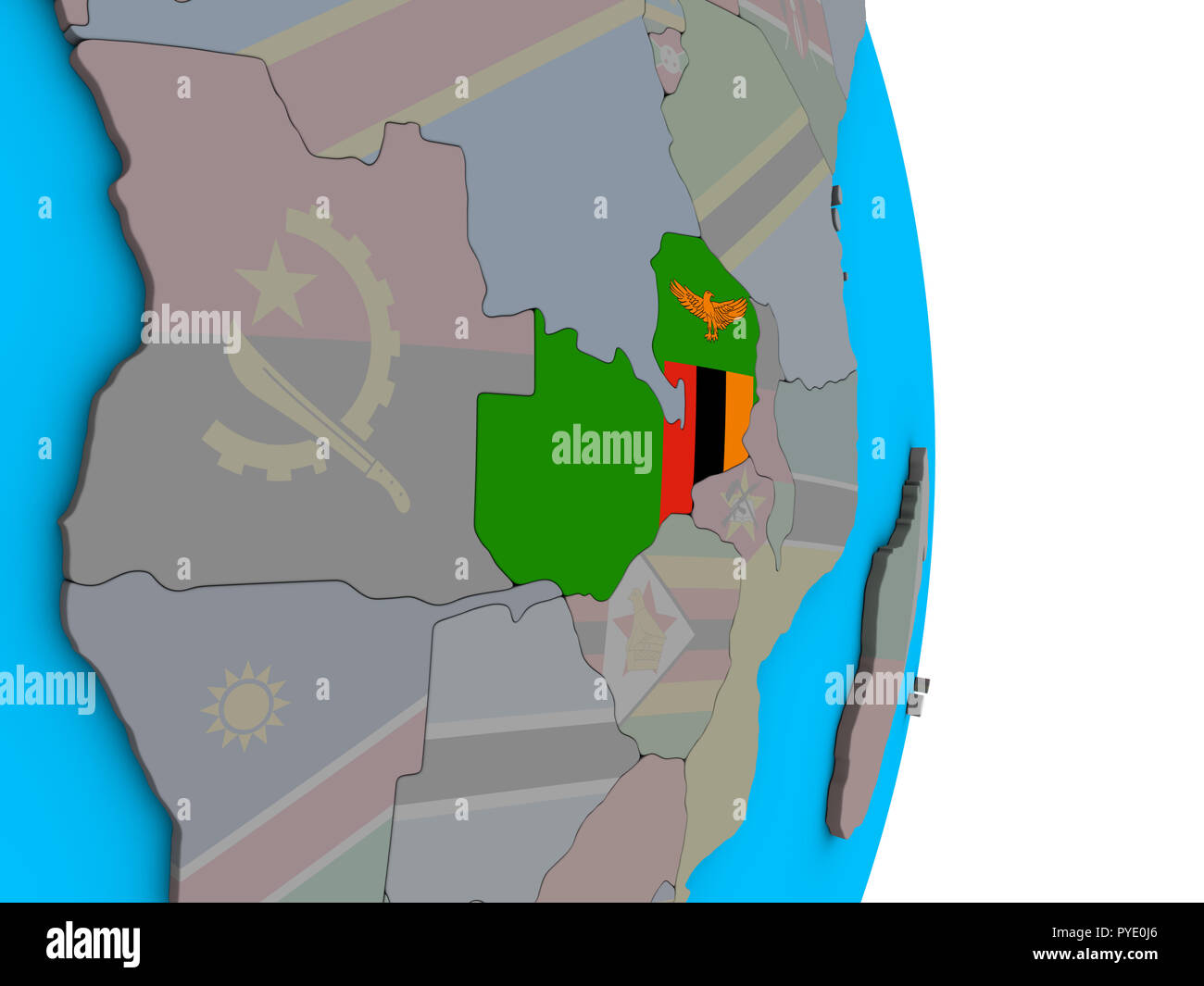 Zambia with embedded national flag on simple political 3D globe. 3D ...