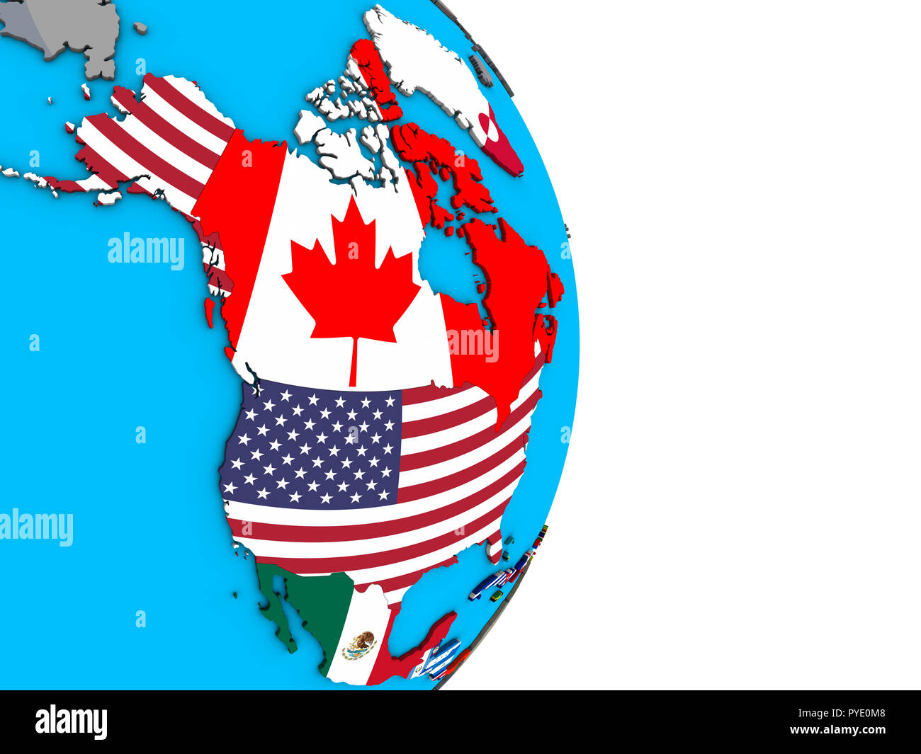 North America with embedded national flags on simple political 3D globe ...