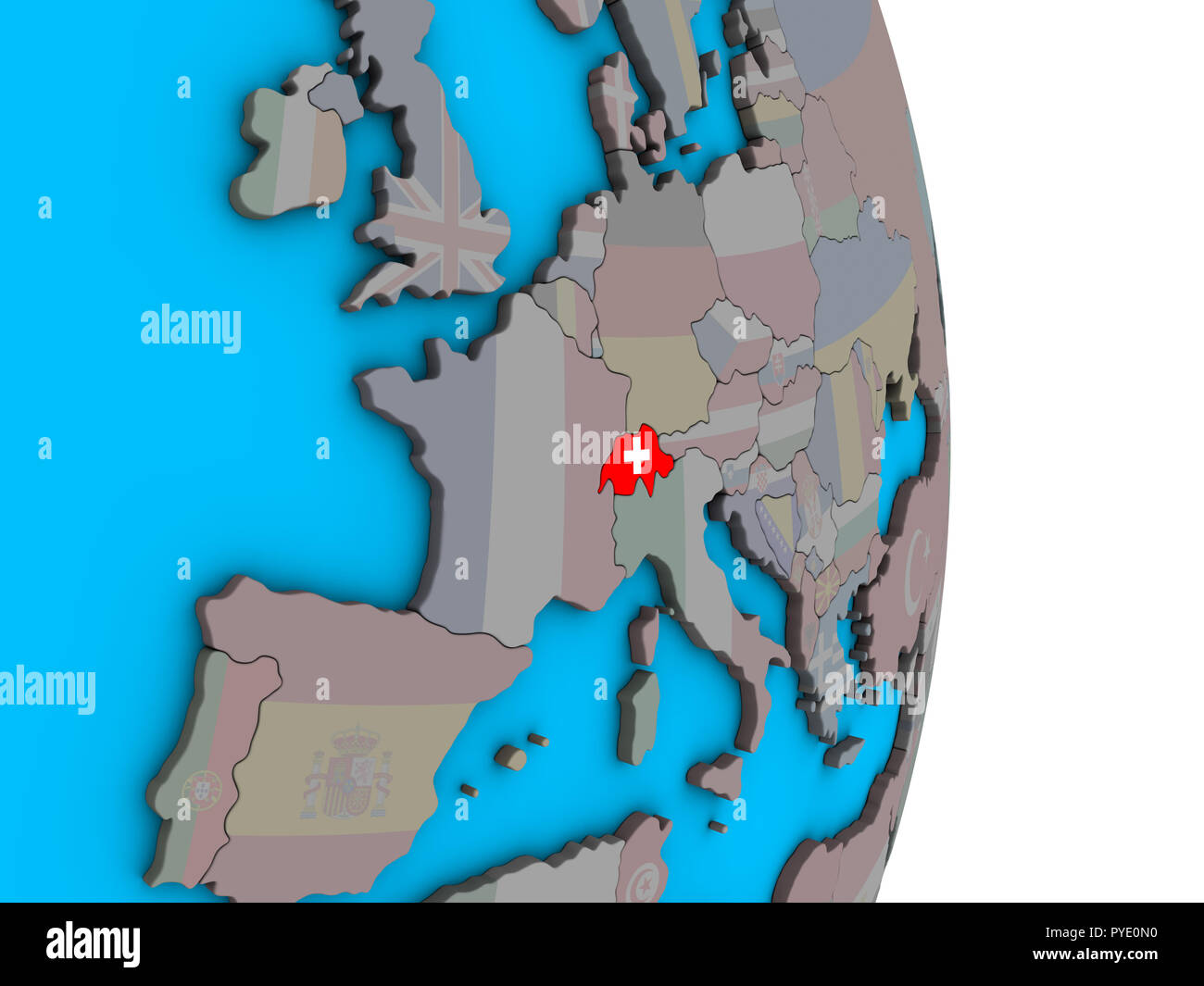 Switzerland with embedded national flag on simple political 3D globe ...