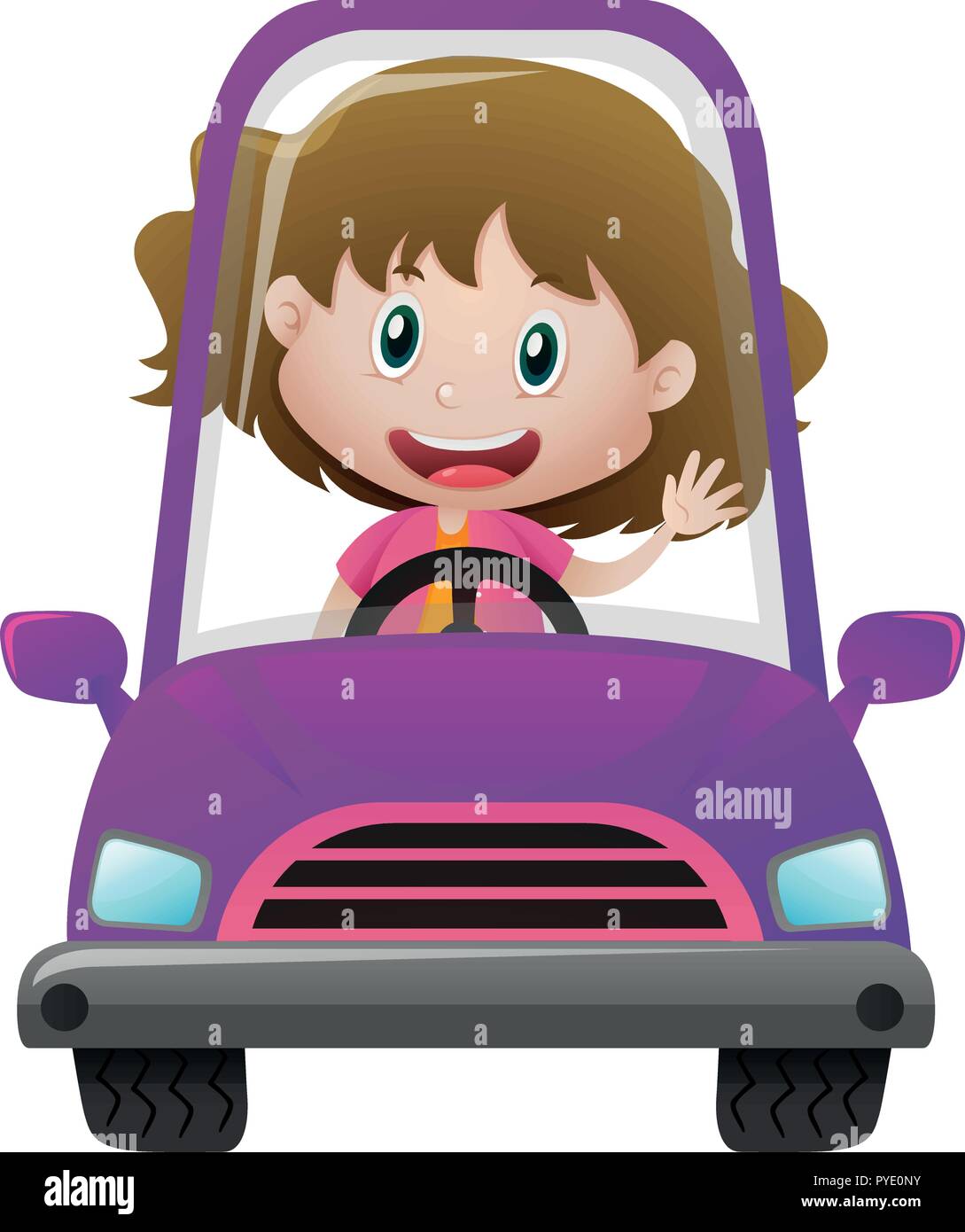 Happy girl driving in purple car illustration Stock Vector