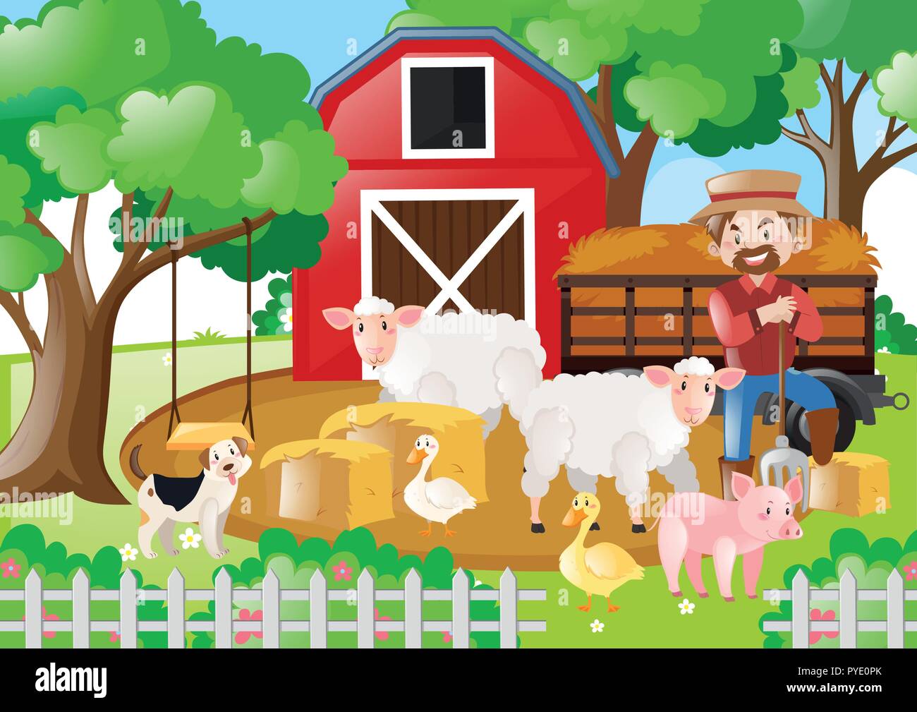 Farm scene with farmer and many animals illustration Stock Vector Image ...