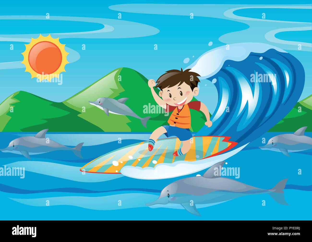 Boy surfing on the giant wave illustration Stock Vector Image & Art - Alamy