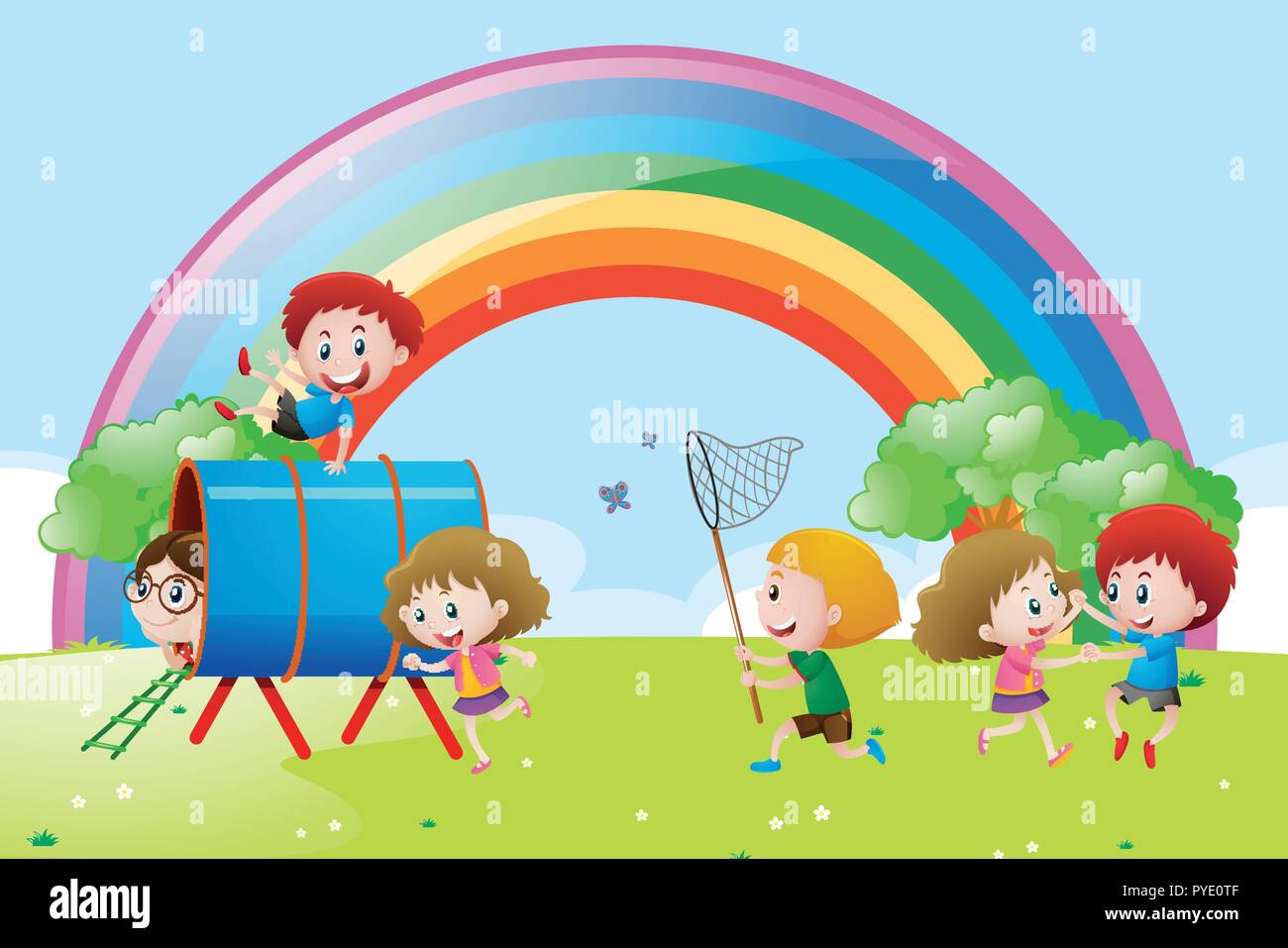 Many children playing and dancing in the park illustration Stock Vector ...