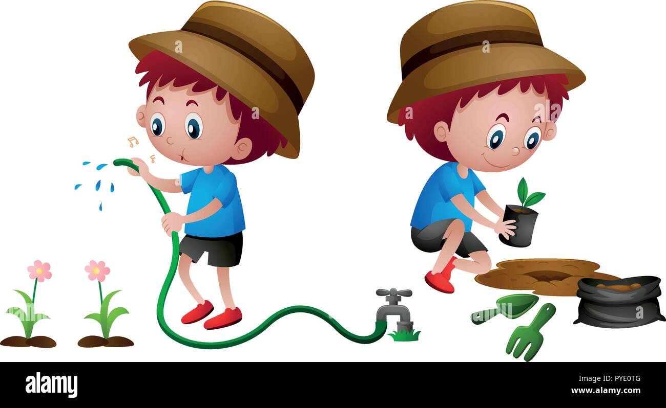 Boy planting and watering plants illustration Stock Vector Image & Art -  Alamy