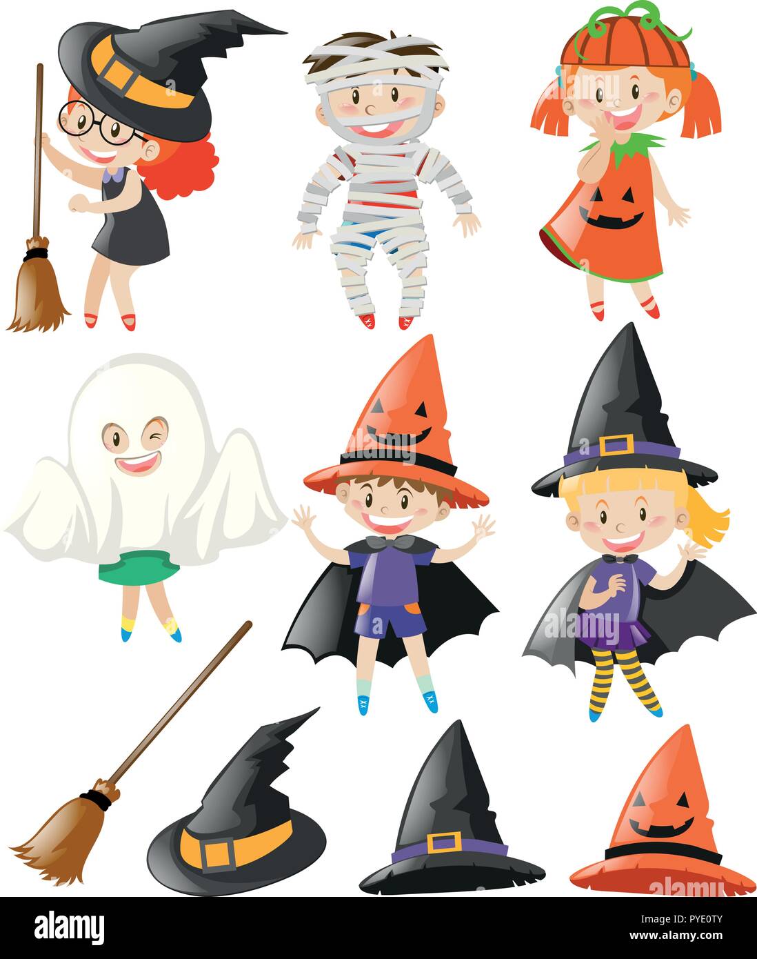 Halloween set with kids in costumes illustration Stock Vector
