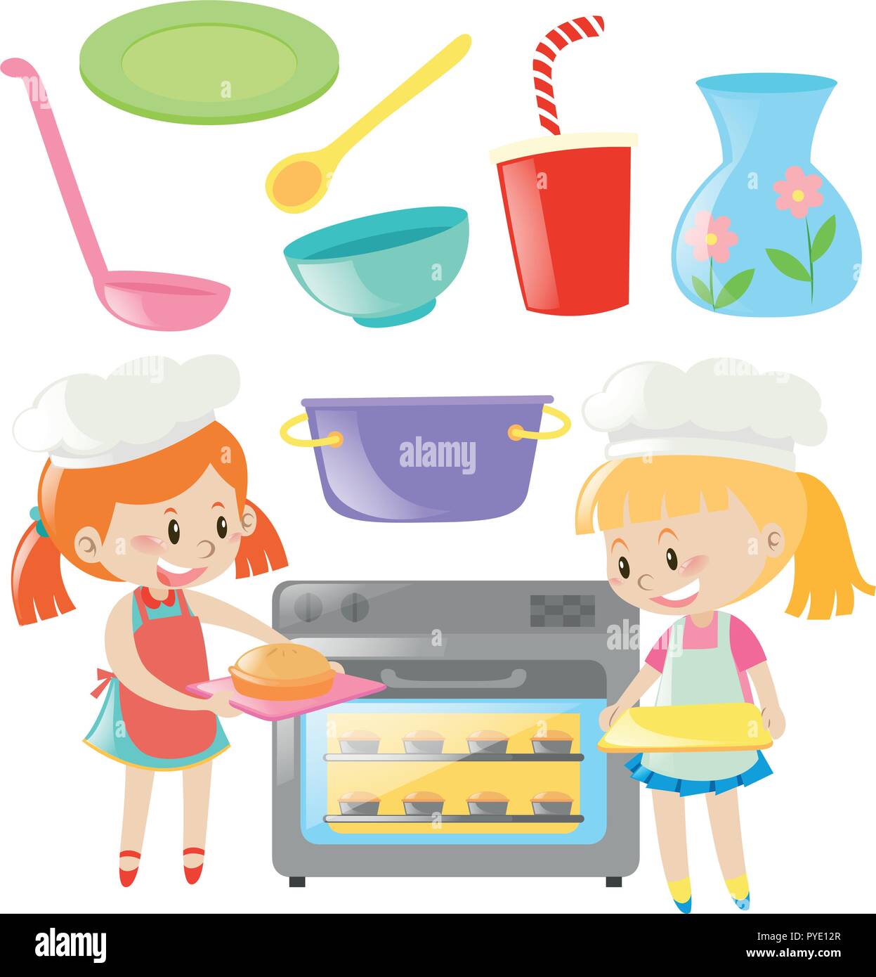 Girls baking and kitchen utensils set illustration Stock Vector