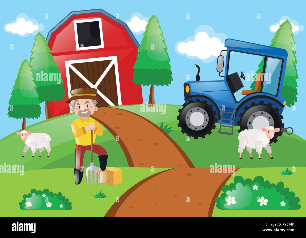 Farm scene with farmer in the field illustration Stock Vector Image ...