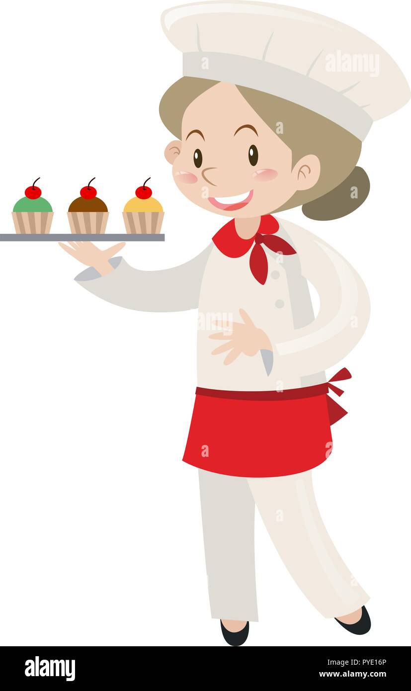 Female baker holding tray of cupcakes illustration Stock Vector Image ...