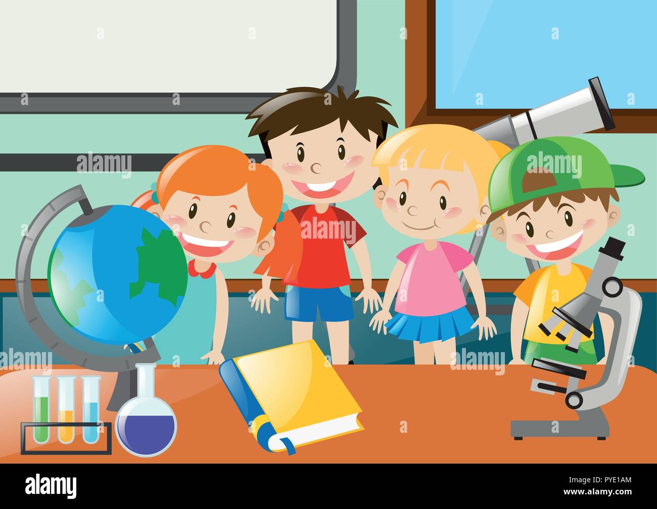 Boys and girls learning science in classroom illustration Stock Vector