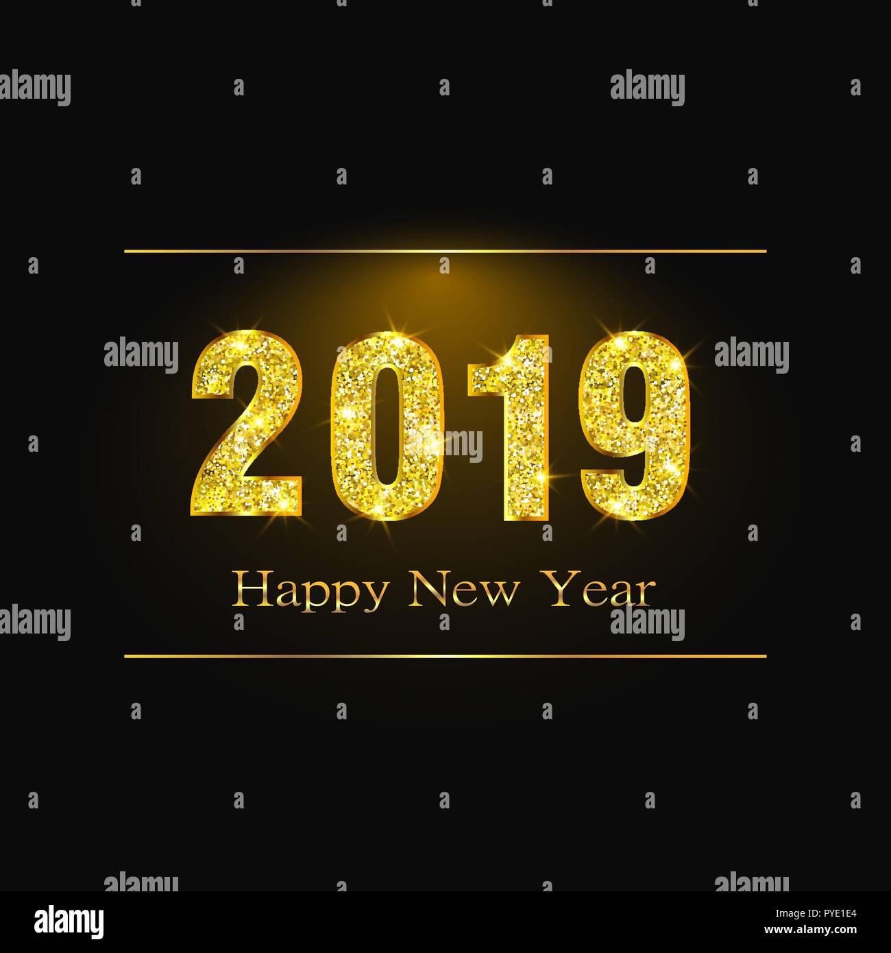 Happy New Year 2019. Background with golden sparkling texture. Gold Numbers 1, 2, 0, 9. Light effect. Vector Illustration Stock Vector