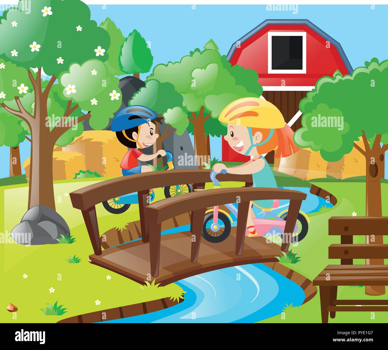 Two kids riding bike in the farm illustration Stock Vector Image & Art ...