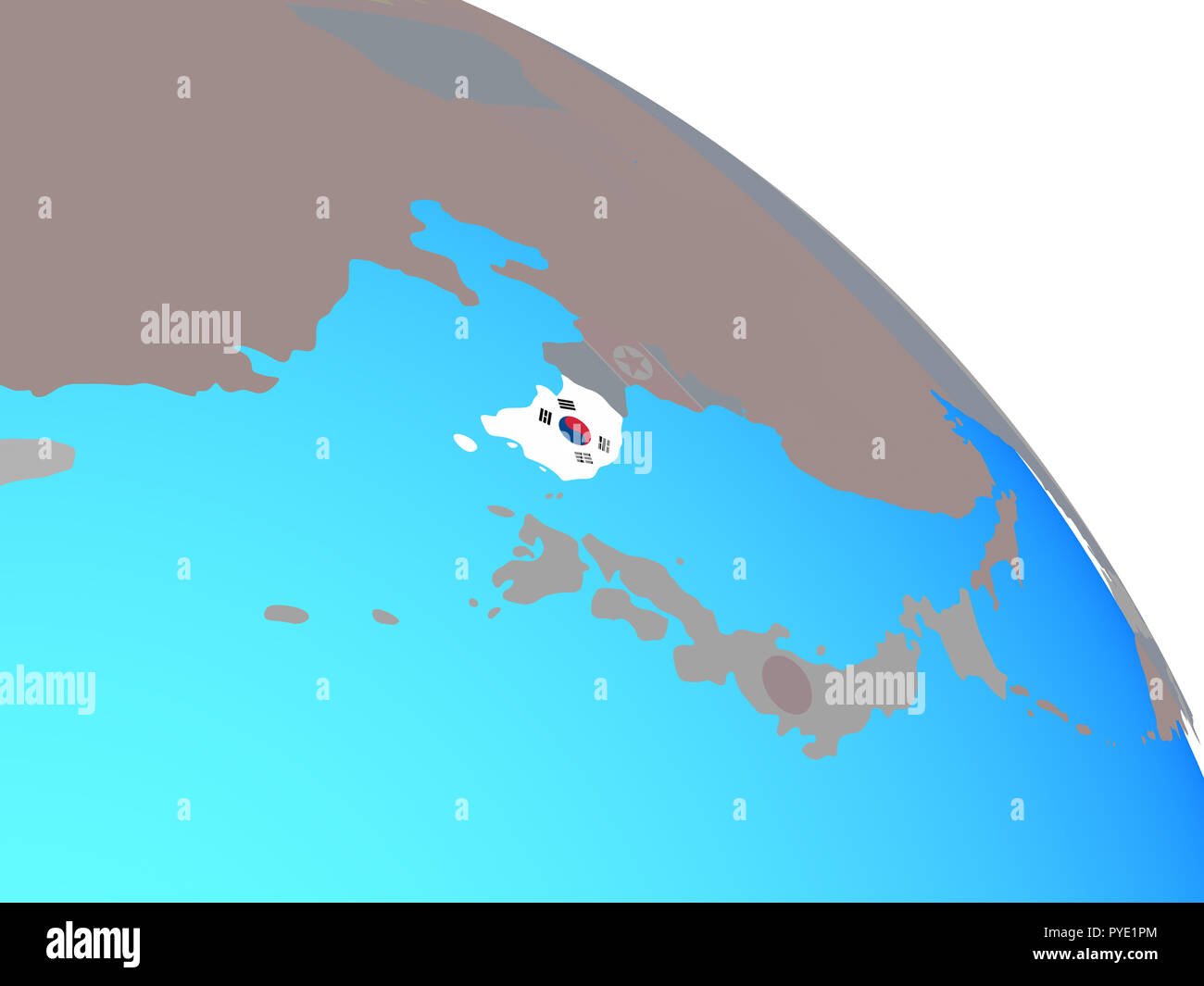 South Korea with national flag on simple blue political globe. 3D ...