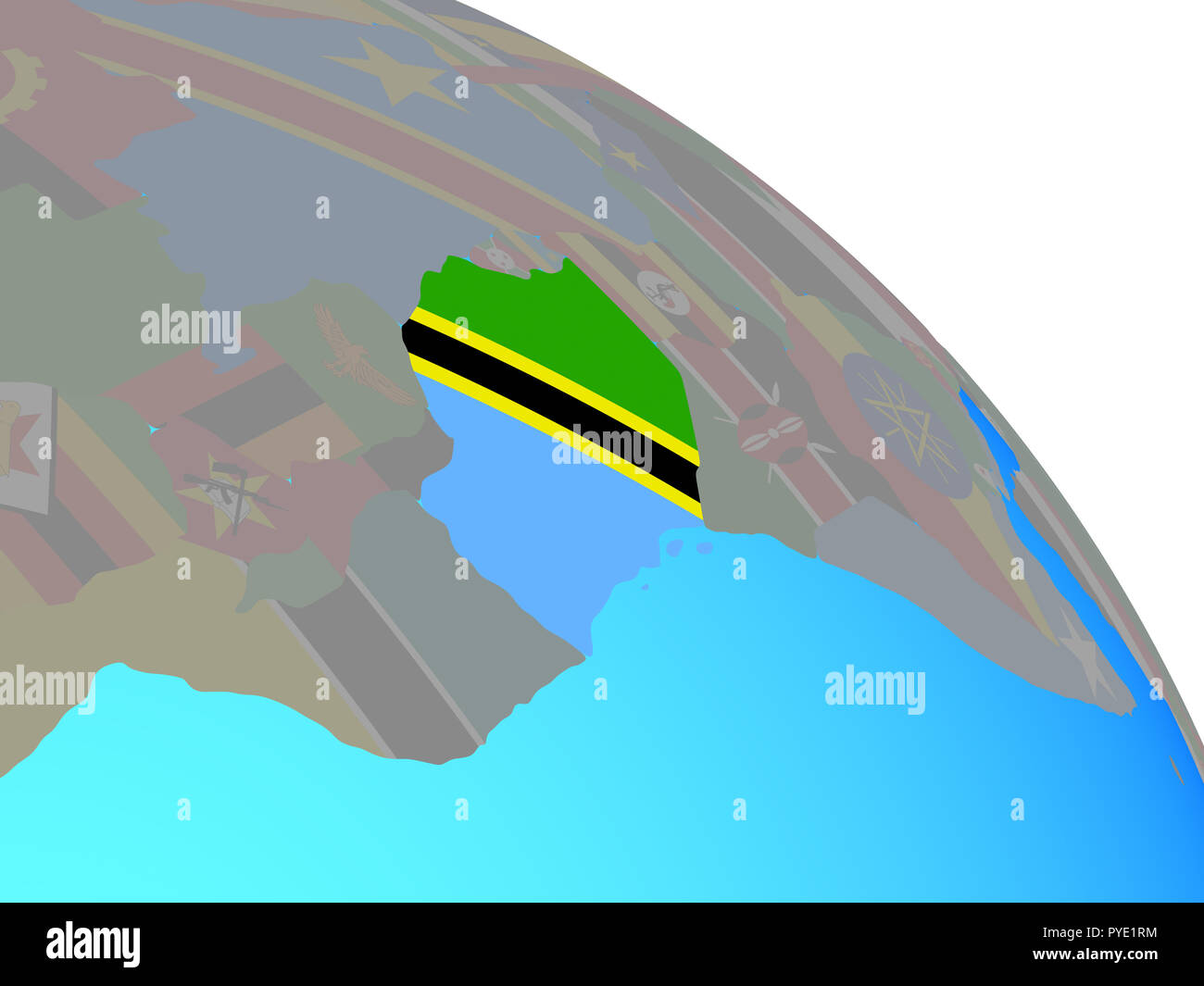 Tanzania with national flag on simple blue political globe. 3D ...