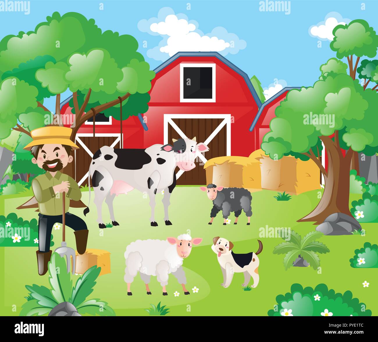 Farmer and farm animals in the field illustration Stock Vector Image ...