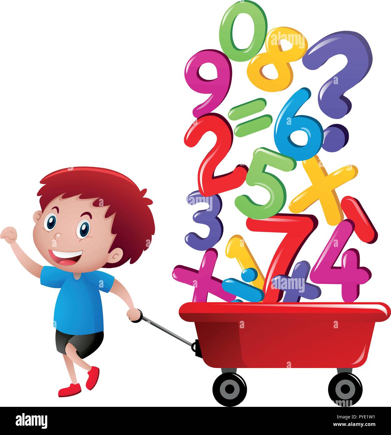 Boy pulling wagon with number blocks illustration Stock Vector