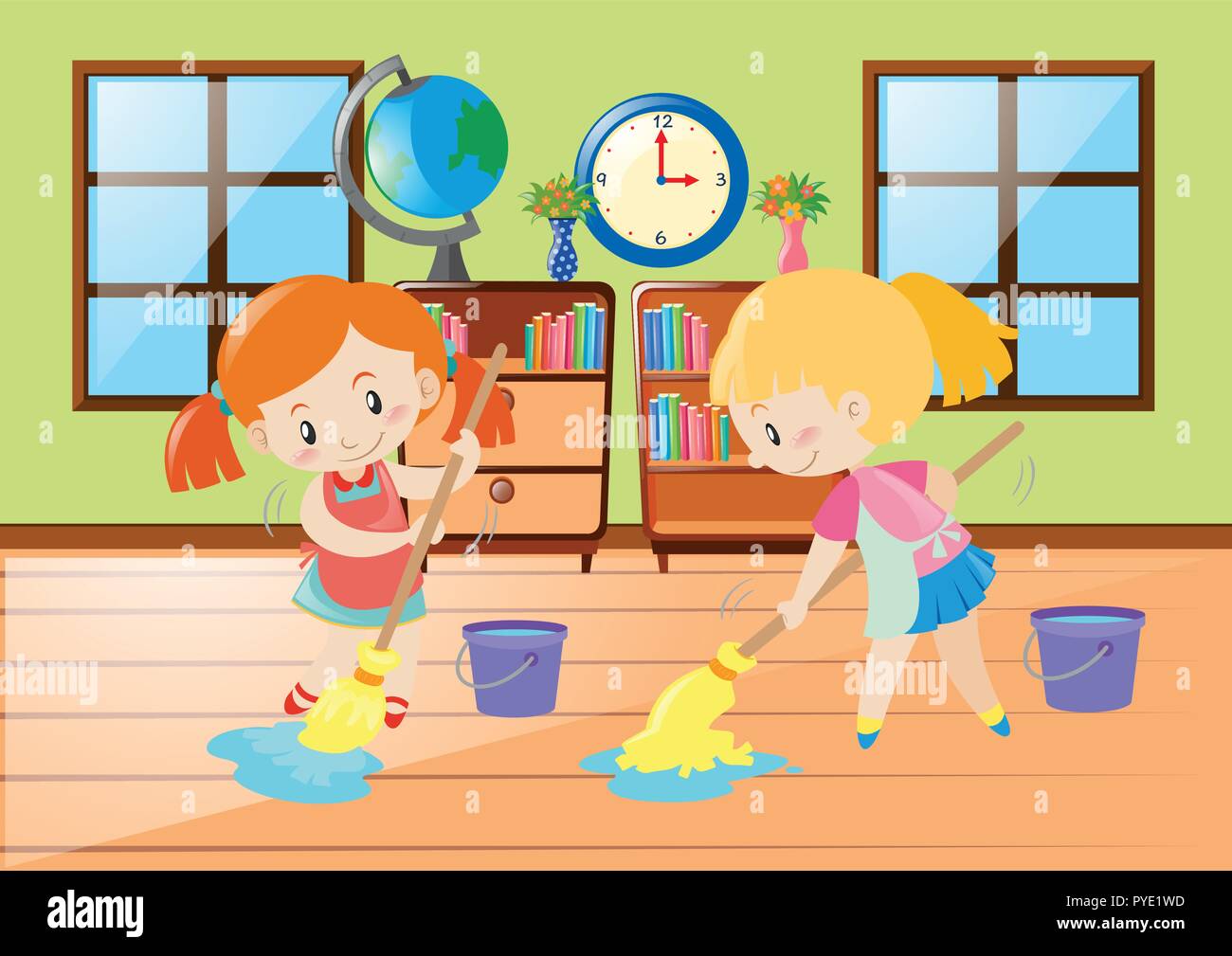 Two girls cleaning room illustration Stock Vector
