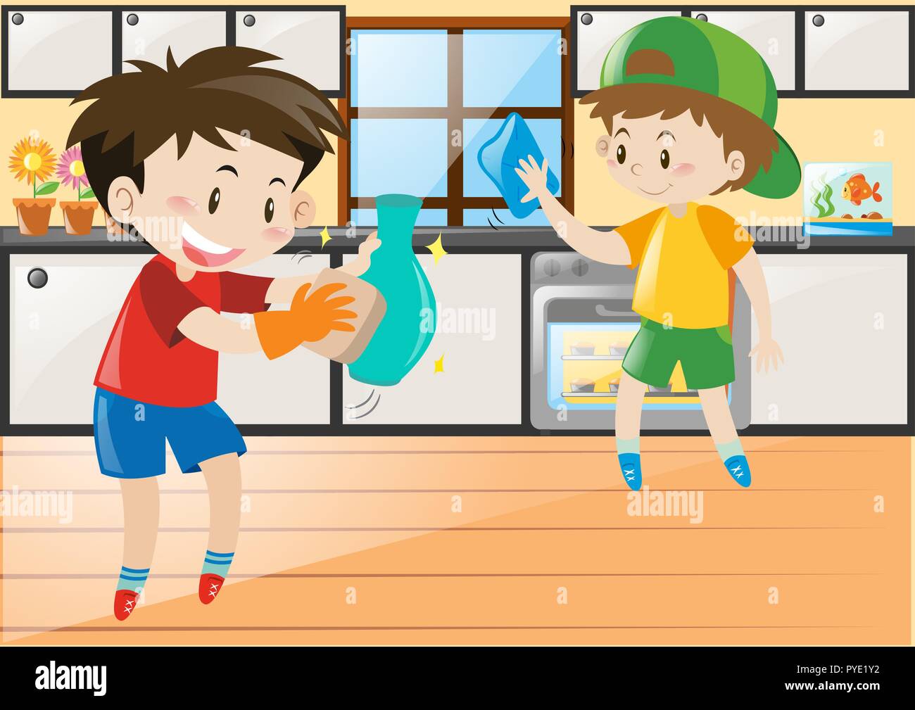 Two boys cleaning in the kitchen illustration Stock Vector