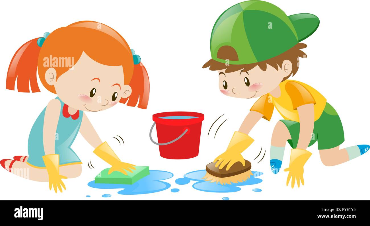 Boy And Girl Cleaning The Floor Illustration Stock Vector Art